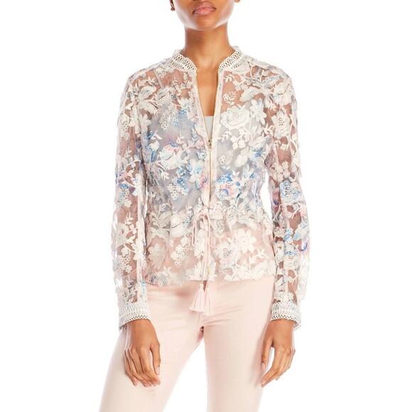 NWT T Tahari Mariah Lace Pink Floral Appliqué Full Zip Jacket Sheer Size Small - Picture 1 of 12